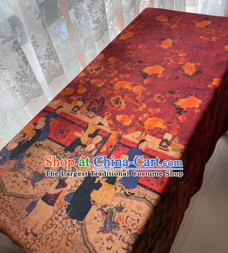 Chinese Classical Qing Dynasty Pattern Brocade Cloth Wine Red Gambiered Guangdong Gauze Material Traditional Qipao Dress Drapery Silk Fabric