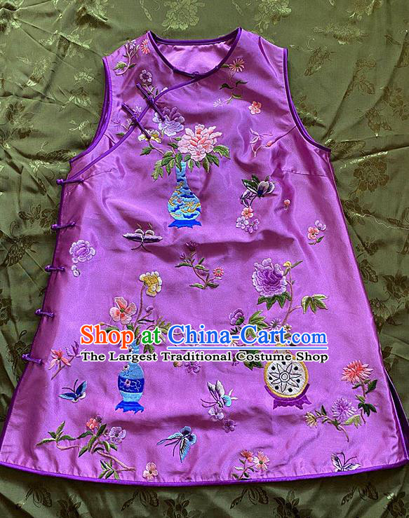 China Traditional Purple Silk Waistcoat National Embroidered Vest Tang Suit Upper Outer Garment