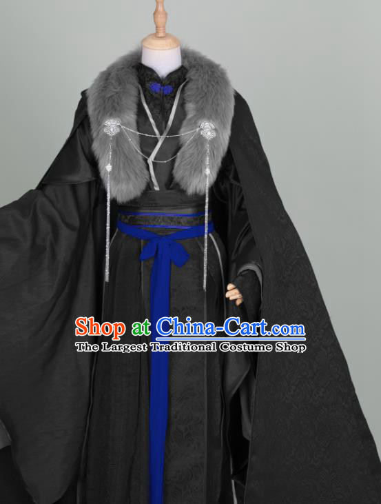 Chinese Traditional Drama Cosplay Swordsman Gu Yun Garment Costumes Ancient Royal King Black Hanfu Clothing