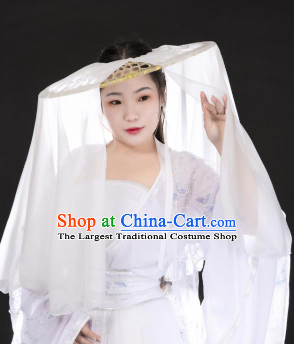 China Traditional Ming Dynasty Princess Bamboo Hat Ancient Swordswoman White Veil Headwear