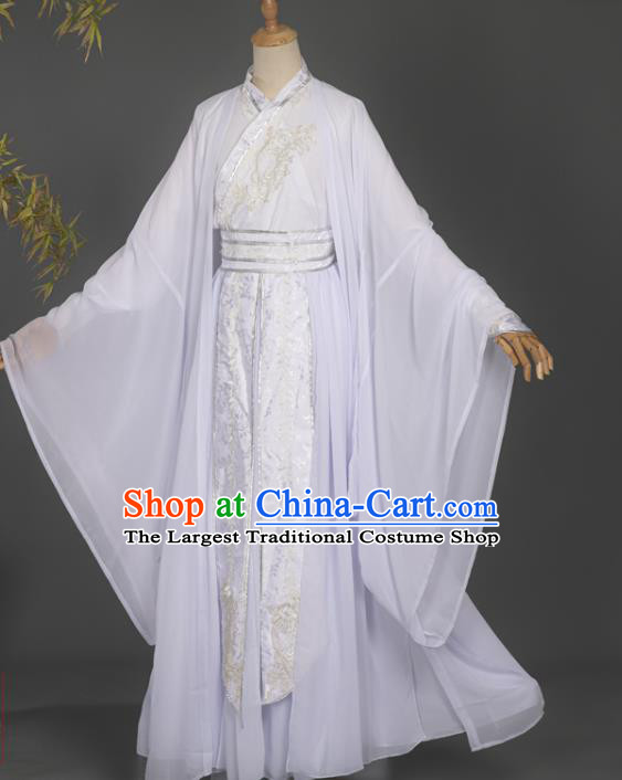 Chinese Ancient Scholar White Hanfu Clothing Traditional Cosplay Young Swordsman Garment Costumes