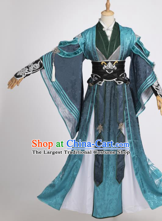 Chinese Ancient Knight Blue Hanfu Clothing Traditional Cosplay Tang Dynasty Swordsman Garment Costumes