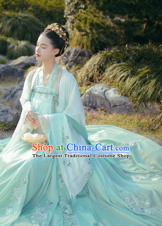 China Ancient Palace Beauty Green Hanfu Dress Garments Traditional Tang Dynasty Imperial Consort Historical Clothing for Women