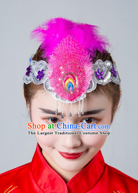 China Yangko Dance Hair Clasp Female Peacock Dance Headpiece Traditional Hair Accessories Folk Dance Rosy Feather Headband