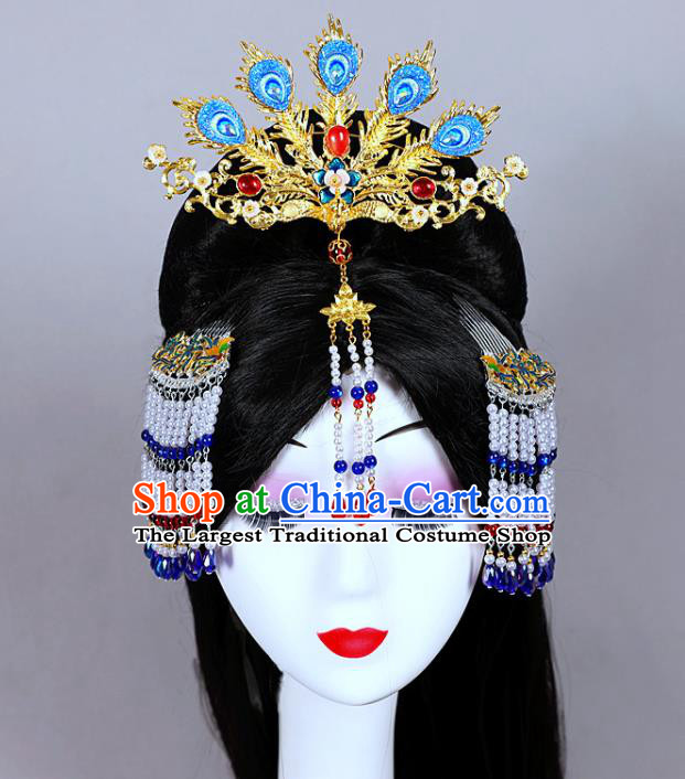 China Ancient Noble Woman Wigs and Phoenix Hairpins Ming Dynasty Palace Princess Chignon Hairpieces Traditional Hanfu Hair Accessories