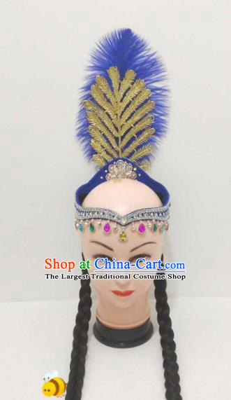 China Uyghur Minority Performance Headwear Uighur Nationality Blue Feather Headband Xinjiang Ethnic Folk Dance Hair Accessories