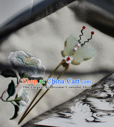 China Ming Dynasty Palace Lady Hairpin Traditional Hanfu Hair Accessories Ancient Princess Jade Butterfly Hair Stick