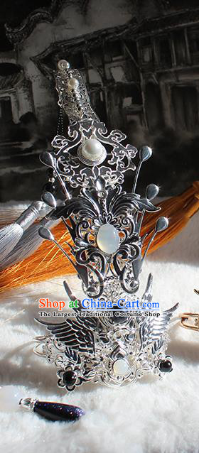 Chinese Ancient Royal Prince Headpieces Traditional Jin Dynasty Swordsman Argent Hair Crown and Tassel Hairpin