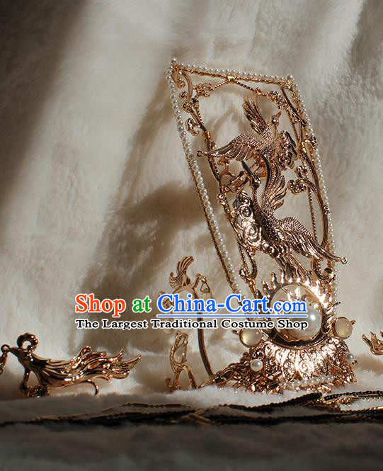 Chinese Ancient Royal King Headpieces Traditional Jin Dynasty Emperor Golden Crane Hair Crown and Long Tassel Hairpins Headdress