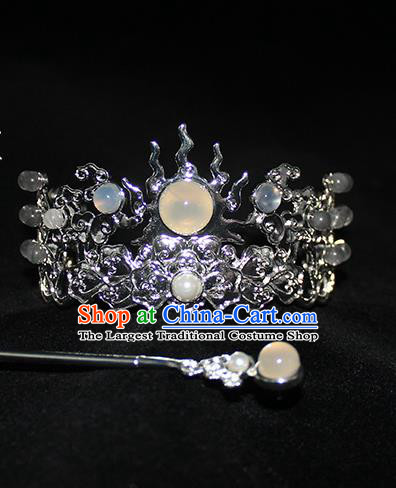 Chinese Ancient Swordsman Headpieces Traditional Jin Dynasty Prince Argent Flame Hair Crown and Chalcedony Hairpin