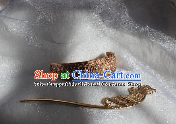 Chinese Ancient Prince Headpieces Traditional Tang Dynasty Royal Highness Hair Crown and Golden Phoenix Hairpin