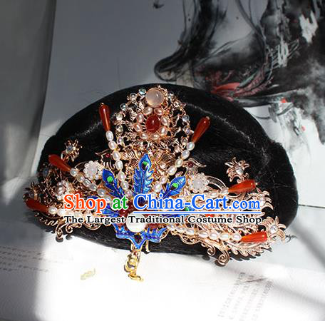 China Ming Dynasty Empress Blueing Phoenix Hairpin Traditional Hanfu Wedding Hair Accessories Ancient Queen Pearls Hair Crown