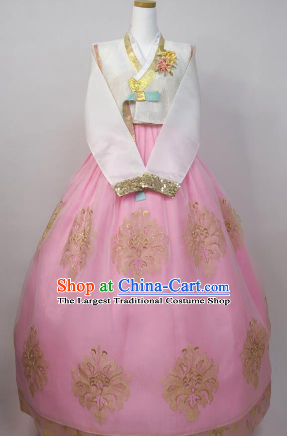 Korean Classical Hanbok White Blouse and Pink Dress Korea Young Lady Traditional Clothing Wedding Bride Fashion Costumes