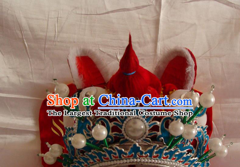 China Traditional Peking Opera Takefu Red Tiger Helmet Beijing Opera Wusheng Hat Opera Performance Warrior Headwear
