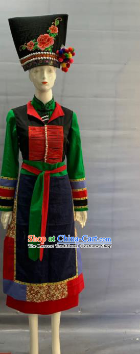 Chinese Yunnan Ethnic Female Garment Costume Traditional Blang Nationality Festival Clothing Pulang Minority Folk Dance Uniforms and Black Hat