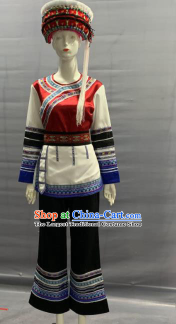 Chinese Traditional Bai Nationality Festival Clothing Minority Folk Dance Uniforms Yunnan Ethnic Female Garment Costume and Hat