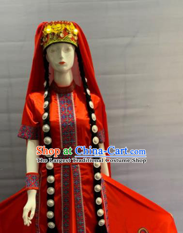 Chinese Traditional Kirgiz Nationality Wedding Clothing Khalkha Minority Folk Dance Red Dress Uniforms Xinjiang Ethnic Female Garment Costume and Headdress