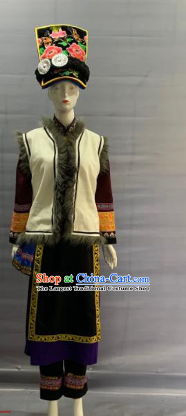 Chinese Traditional Qiang Nationality Clothing Minority Folk Dance Dress Uniforms Sichuan Ethnic Female Garment Costume and Headwear