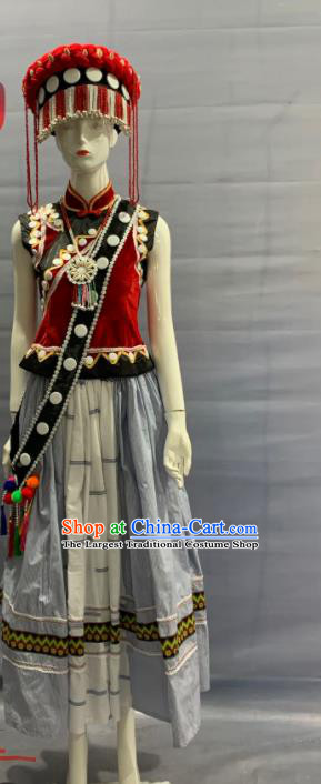 Chinese Lisu Nationality Clothing Olunchun Minority Folk Dance Dress Uniforms Yunnan Ethnic Festival Garment Costume and Tassel Hat