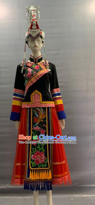 Chinese She Nationality Clothing Minority Folk Dance Dress Uniforms Guangdong Ethnic Festival Garment Costume and Silver Headwear