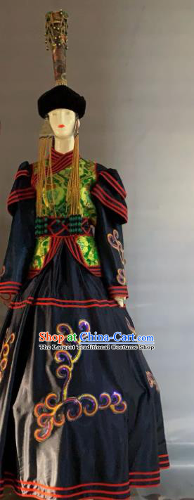 Chinese Minority Folk Dance Navy Dress Uniforms Mongolian Ethnic Wedding Garment Costume Mongol Nationality Festival Clothing and Headwear