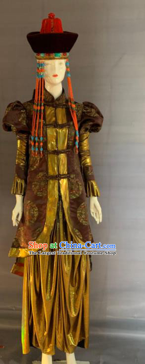 Chinese Mongol Nationality Wedding Clothing Minority Folk Dance Brown Dress Uniforms Mongolian Ethnic Traditional Garment Costume and Tassel Headdress