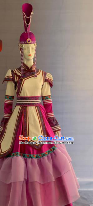 Chinese Mongol Nationality Dance Clothing Mongolian Minority Folk Dance Dress Uniforms Ethnic Wedding Bride Garment Costume and Headdress