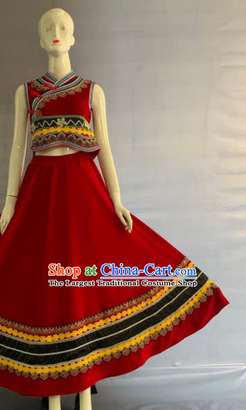 Chinese Lisu Nationality Woman Clothing Minority Wedding Red Velvet Dress Uniforms Yunnan Ethnic Folk Dance Garment Costumes