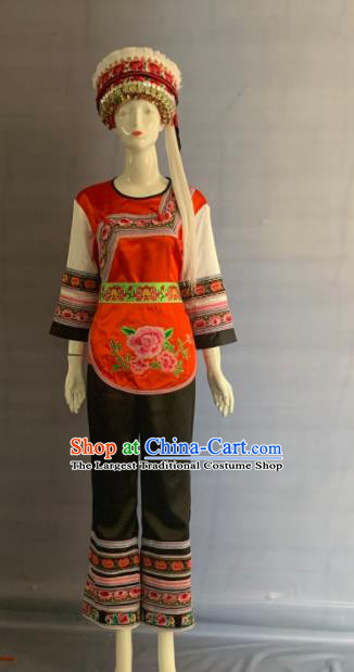 Chinese Bai Nationality Woman Clothing Minority Folk Dance Dress Uniforms Yunnan Ethnic Performance Garment Costume and Hat