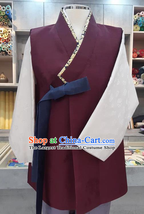 Korea Festival Clothing Wedding Hanbok Young Man Purple Vest White Shirt and Lilac Pants Korean Traditional Bridegroom Costumes