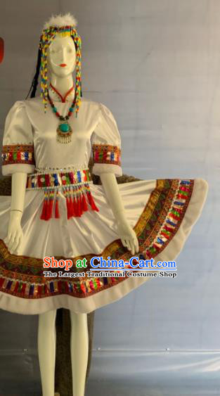 Chinese Minority Folk Dance White Dress Uniforms Tibetan Ethnic Woman Garment Costumes Zang Nationality Performance Clothing and Hat