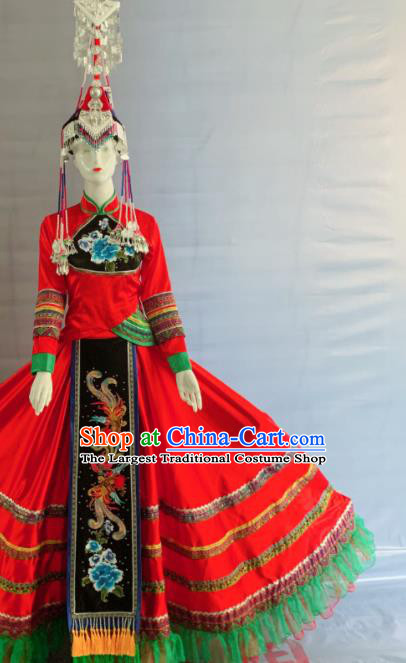 Chinese She Nationality Bride Clothing Minority Wedding Red Dress Uniforms Fujian Ethnic Dance Garment Costumes and Headpiece