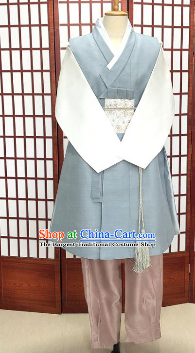 Korean Traditional Bridegroom Costumes Korea Festival Clothing Wedding Hanbok Young Man Blue Vest White Shirt and Khaki Pants