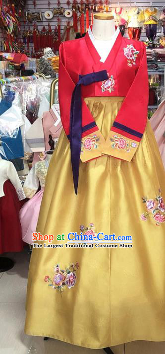 Korean Classical Wedding Garments Bride Fashion Clothing Embroidered Red Blouse and Yellow Dress Traditional Court Hanbok Costume