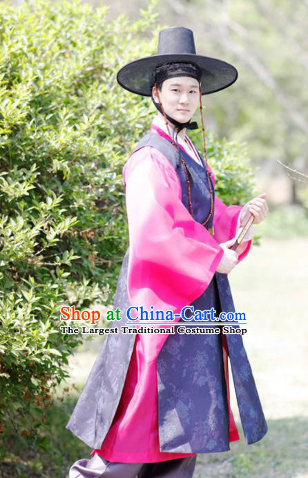 Korea Prince Navy Long Vest Rosy Shirt and Pants Traditional Bridegroom Costumes Festival Clothing Korean Wedding Hanbok