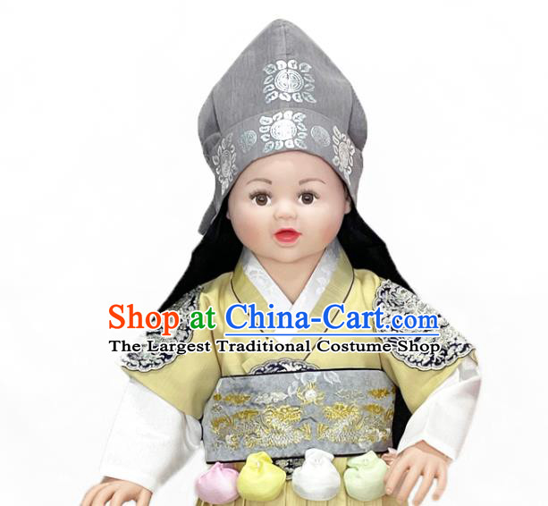 Korean Children Prince Yellow Vest White Shirt and Grey Pants Traditional Boy Birthday Hanbok Court Fashion Costumes