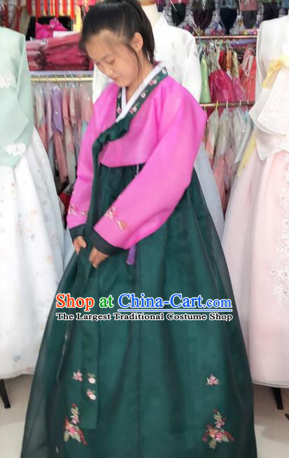 Korean Traditional Hanbok Costume Wedding Bride Garments Court Fashion Clothing Rosy Blouse and Deep Green Dress