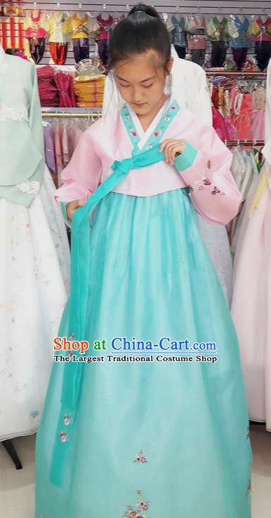 Korean Wedding Pink Blouse and Blue Dress Traditional Hanbok Costume Bride Garments Court Fashion Clothing