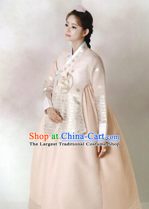 Korean Classical Fashion Clothing Bride Embroidered Beige Blouse and Dress Traditional Court Hanbok Costume Wedding Garments