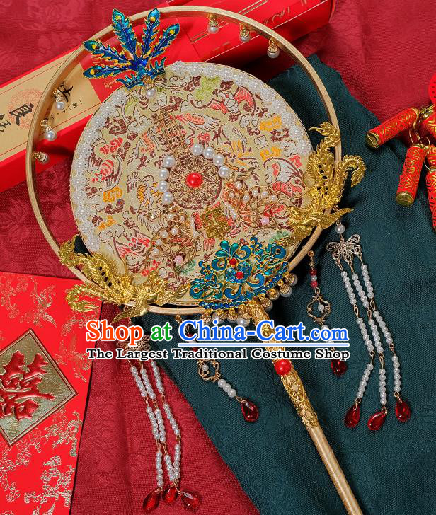 China Bride Cloisonne Phoenix Palace Fan Classical Dance Circular Fan Handmade White Silk Fan Traditional Wedding Pearls Fan