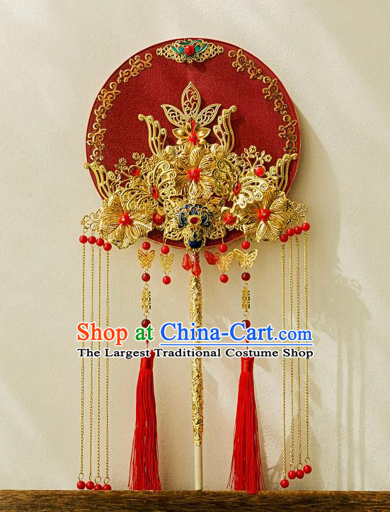 China Classical Dance Golden Tassel Fan Handmade Silk Circular Fan Traditional Wedding Red Fan Bride Palace Fan