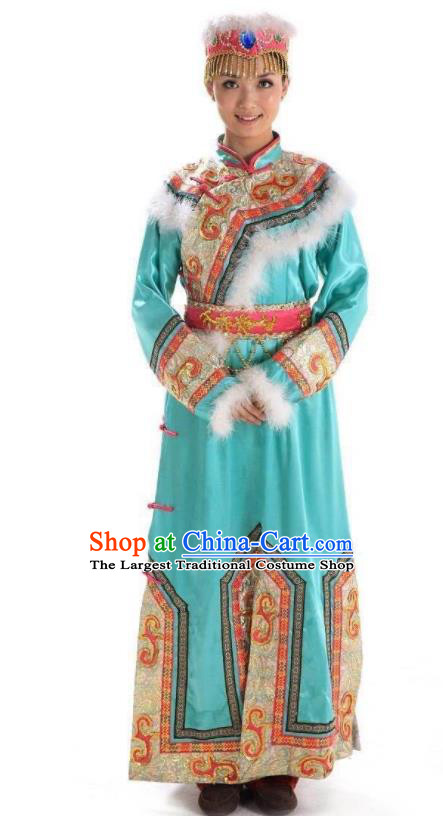 Chinese Hezhen Nationality Bride Clothing Hezhe Minority Woman Festival Blue Dress Uniforms Heilongjiang Ethnic Dance Garment Costumes and Headwear