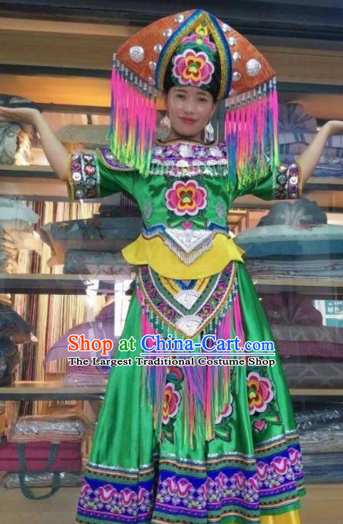 Chinese Zhuang Nationality Bride Clothing Minority Woman Wedding Green Dress Uniforms Guangxi Ethnic Dance Garment Costumes and Headdress