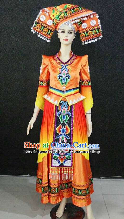 Chinese Zhuang Nationality Performance Clothing Tujia Minority Woman Orange Dress Uniforms Ethnic Wedding Garment Costumes and Headdress