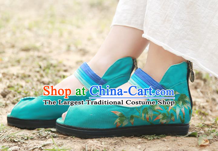 Handmade China Green Canvas Shoes National Folk Dance Sandal Shoes Embroidered Bamboo Plimsolls Shoes