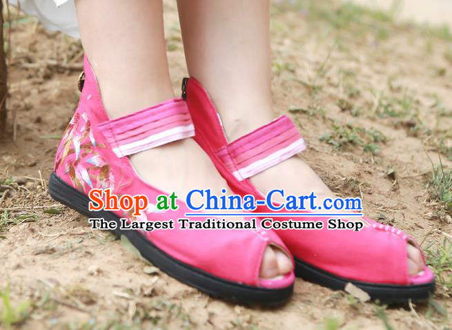 China National Folk Dance Sandal Shoes Embroidered Bamboo Plimsolls Shoes Handmade Rosy Canvas Shoes