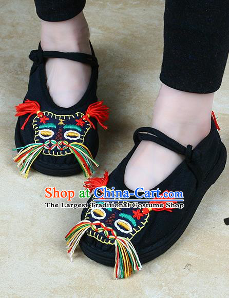 China National Folk Dance Cloth Shoes Embroidered Tiger Head Shoes Handmade Black Canvas Shoes