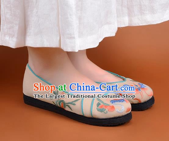 China Embroidered Butterfly Shoes Handmade Cloth Shoes Folk Dance Apricot Canvas Shoes National Woman Shoes