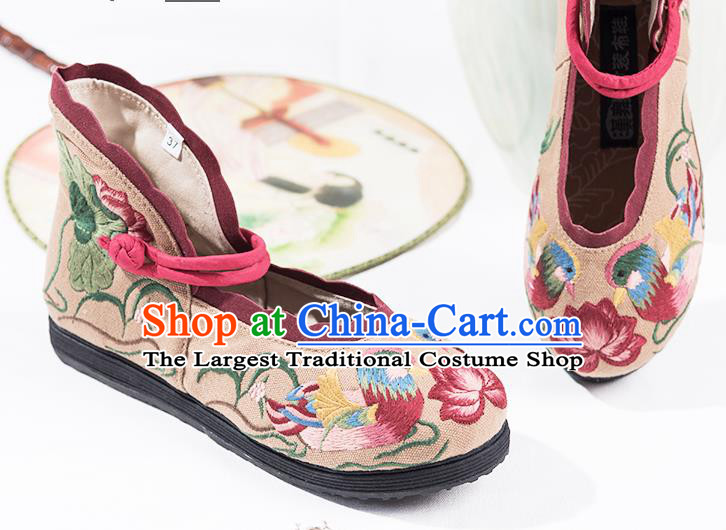 China National Female Shoes Embroidered Mandarin Duck Lotus Shoes Handmade Old Beijing Cloth Shoes Folk Dance Beige Canvas Shoes