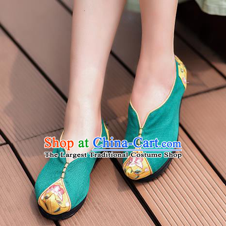 China Green Embroidered Shoes Handmade Canvas Shoes Folk Dance Shoes National Woman Cloth Shoes